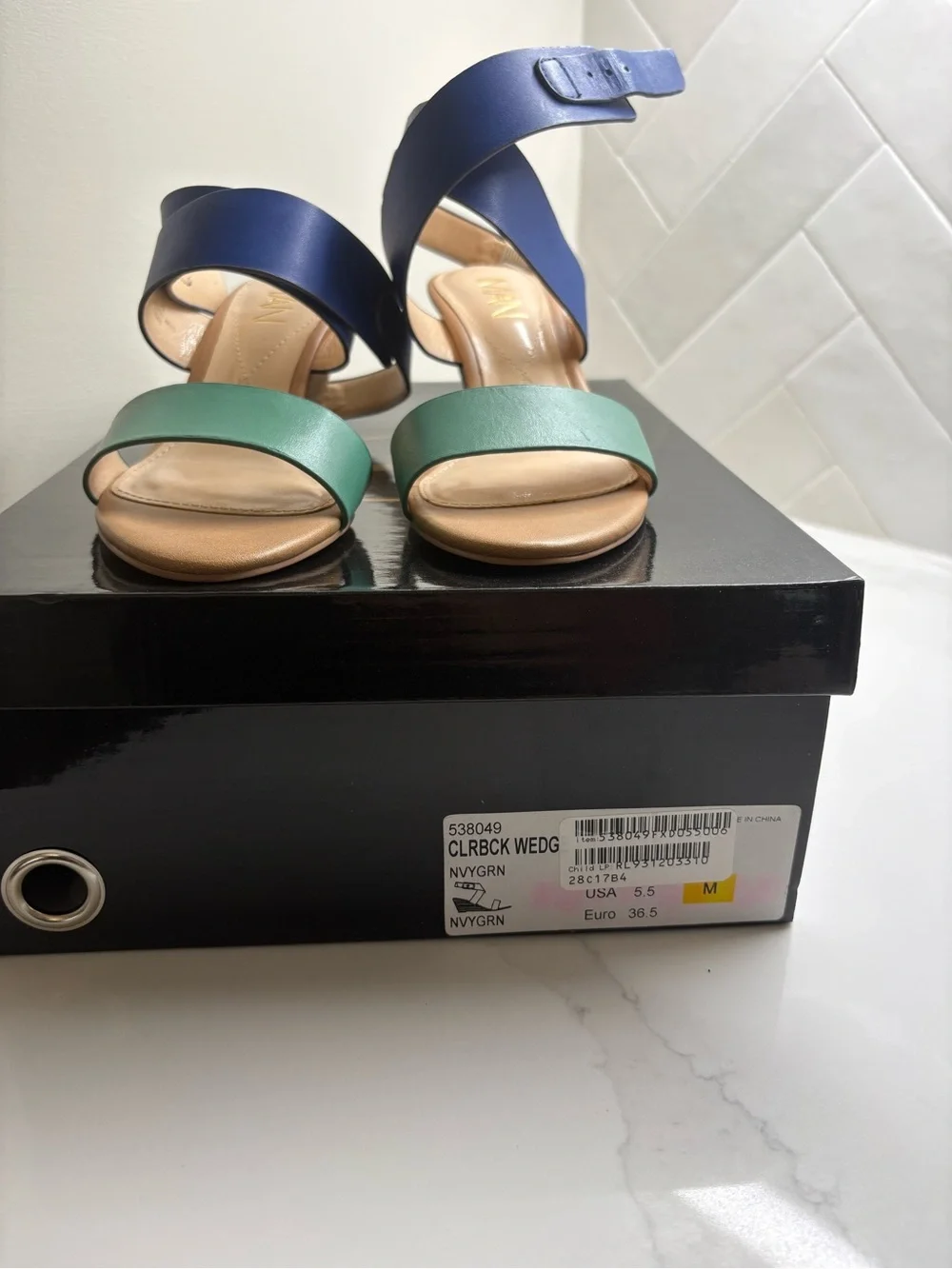 IMAN Navy and Green Colorblock Wedge Sandals